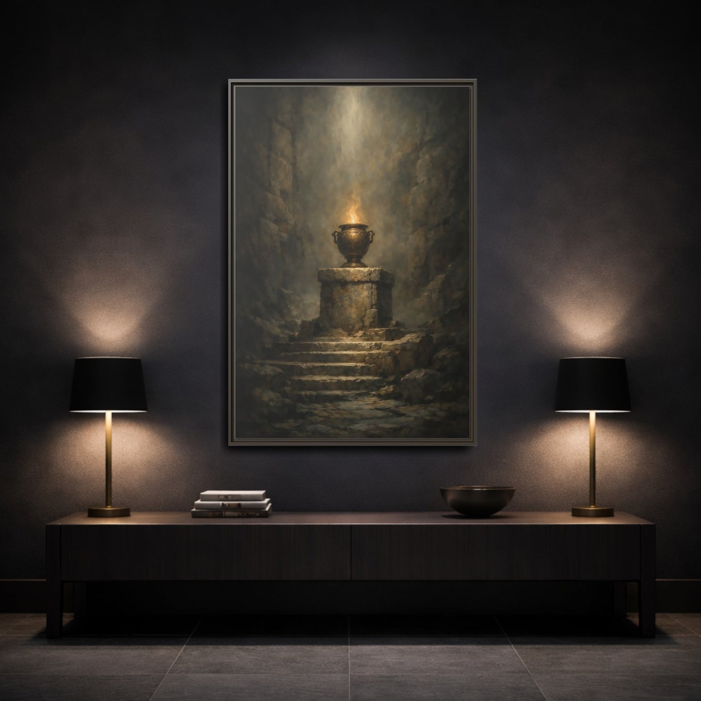 Mockup 2. Religious Flaming Urn Brown And Gold shown as stretched canvas wall art