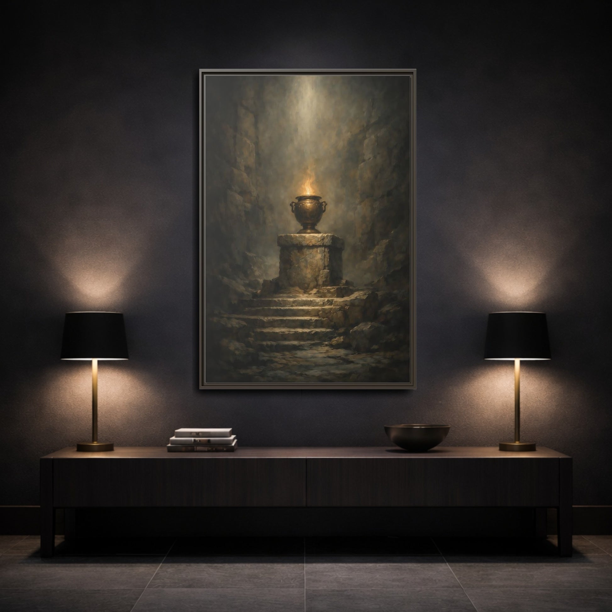 Mockup 2. Religious Flaming Urn Brown And Gold shown as stretched canvas wall art