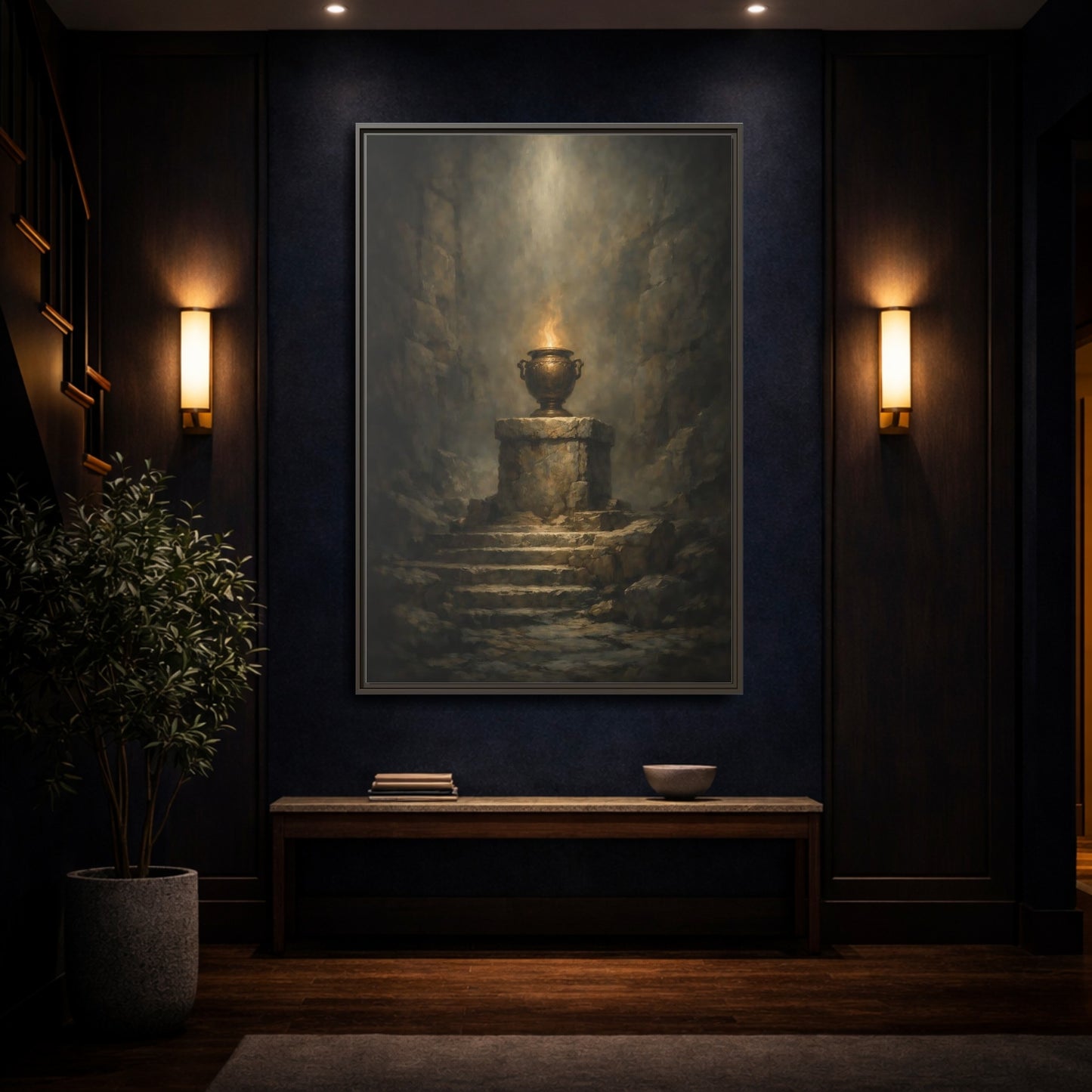 Mockup 3. Religious Flaming Urn Brown And Gold shown as stretched canvas wall art
