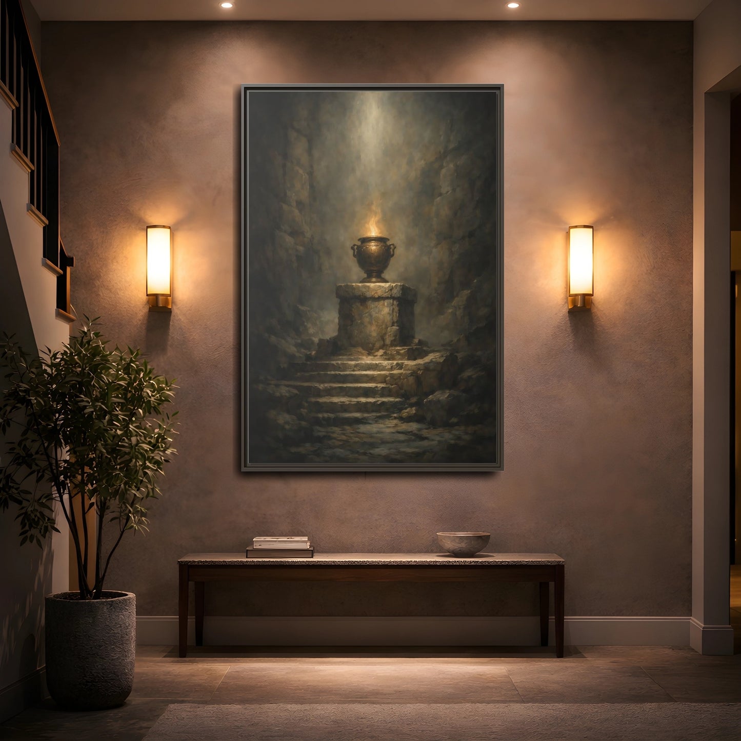 Mockup 4. Religious Flaming Urn Brown And Gold shown as stretched canvas wall art