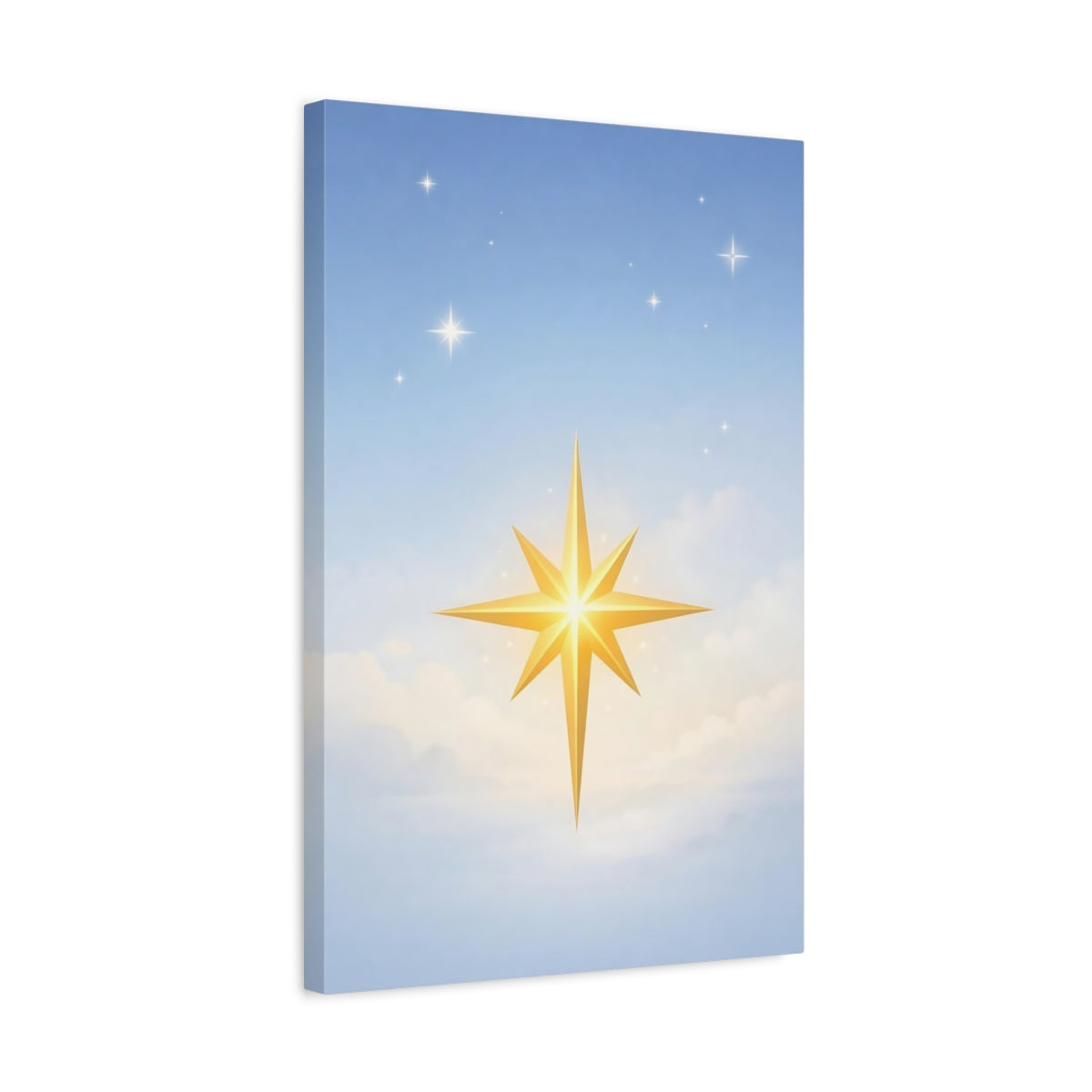 Side Mockup 3. Religious Golden Star Golden Star Blue Sky shown as stretched canvas wall art