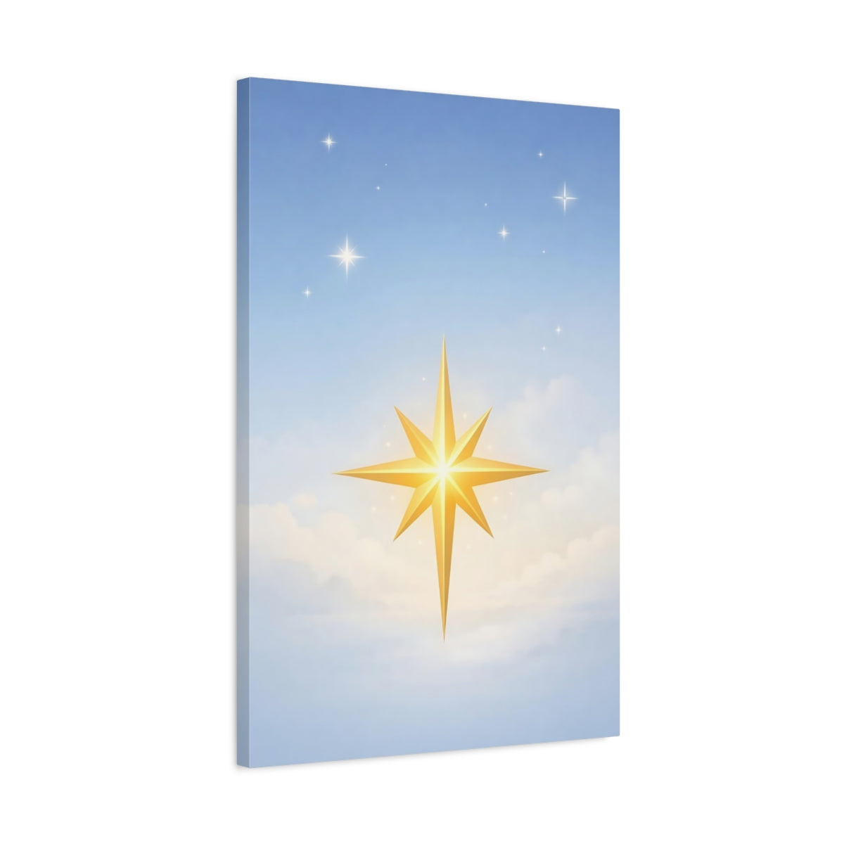 Side Mockup 2. Religious Golden Star Golden Star Blue Sky shown as stretched canvas wall art