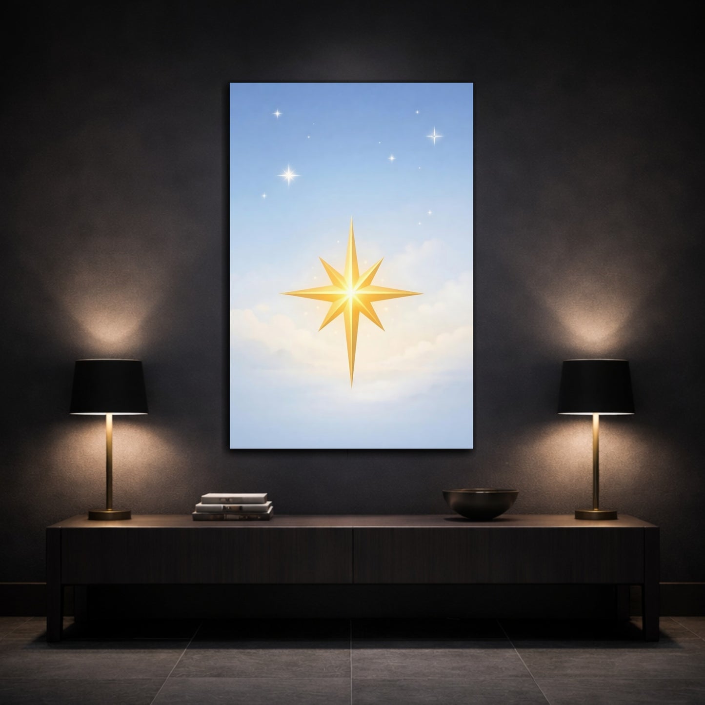 Mockup 2. Religious Golden Star Golden Star Blue Sky shown as stretched canvas wall art