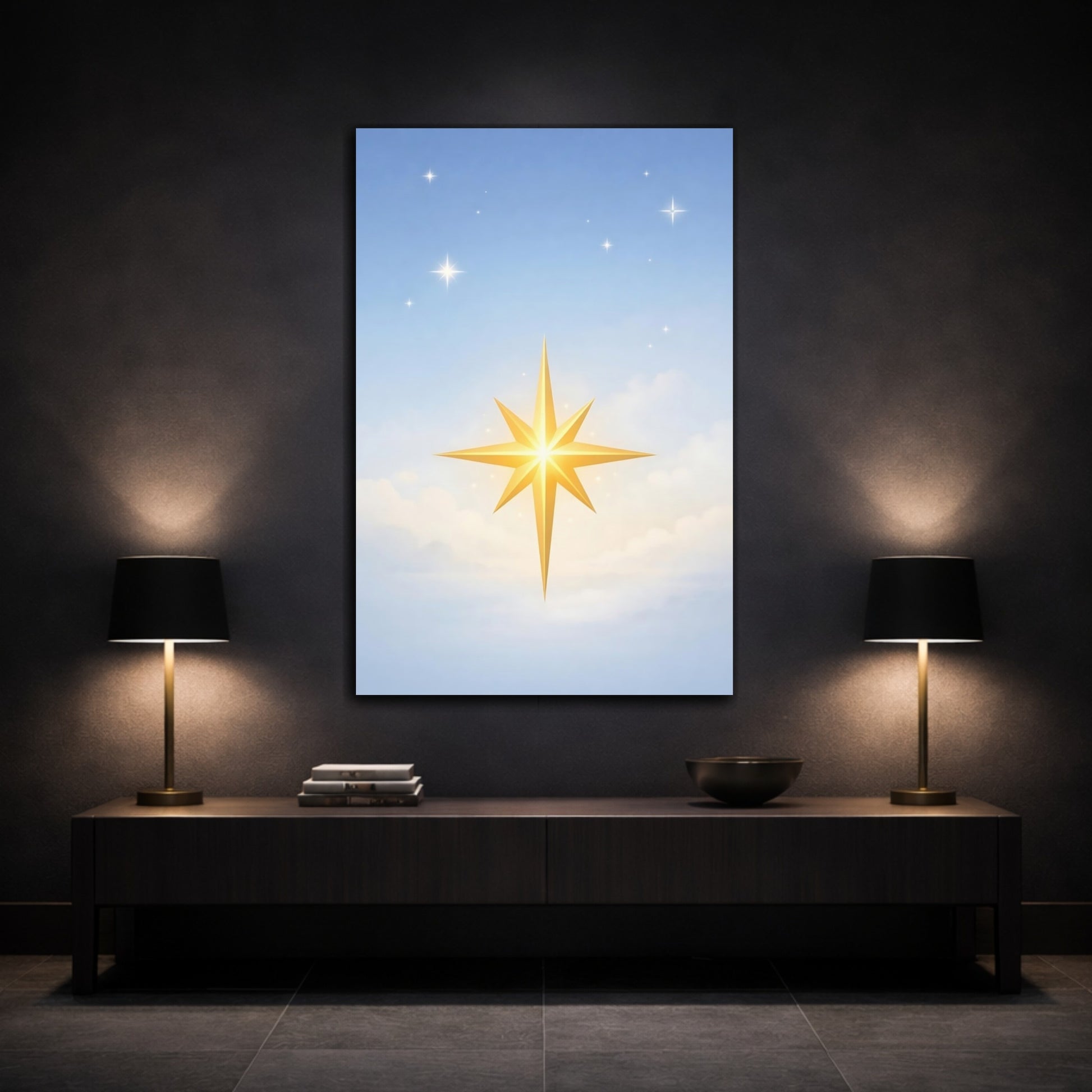 Mockup 2. Religious Golden Star Golden Star Blue Sky shown as stretched canvas wall art