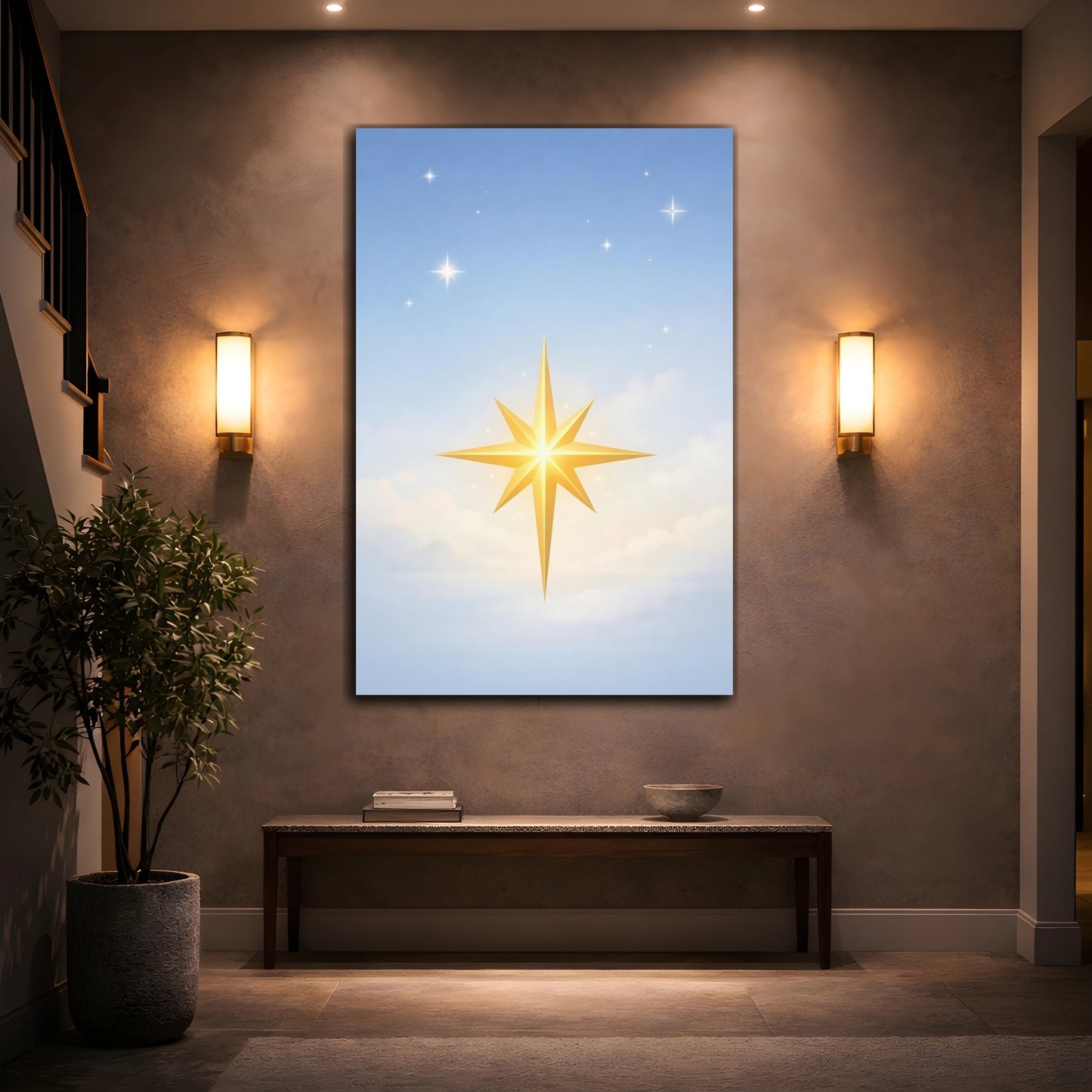Mockup 3. Religious Golden Star Golden Star Blue Sky shown as stretched canvas wall art