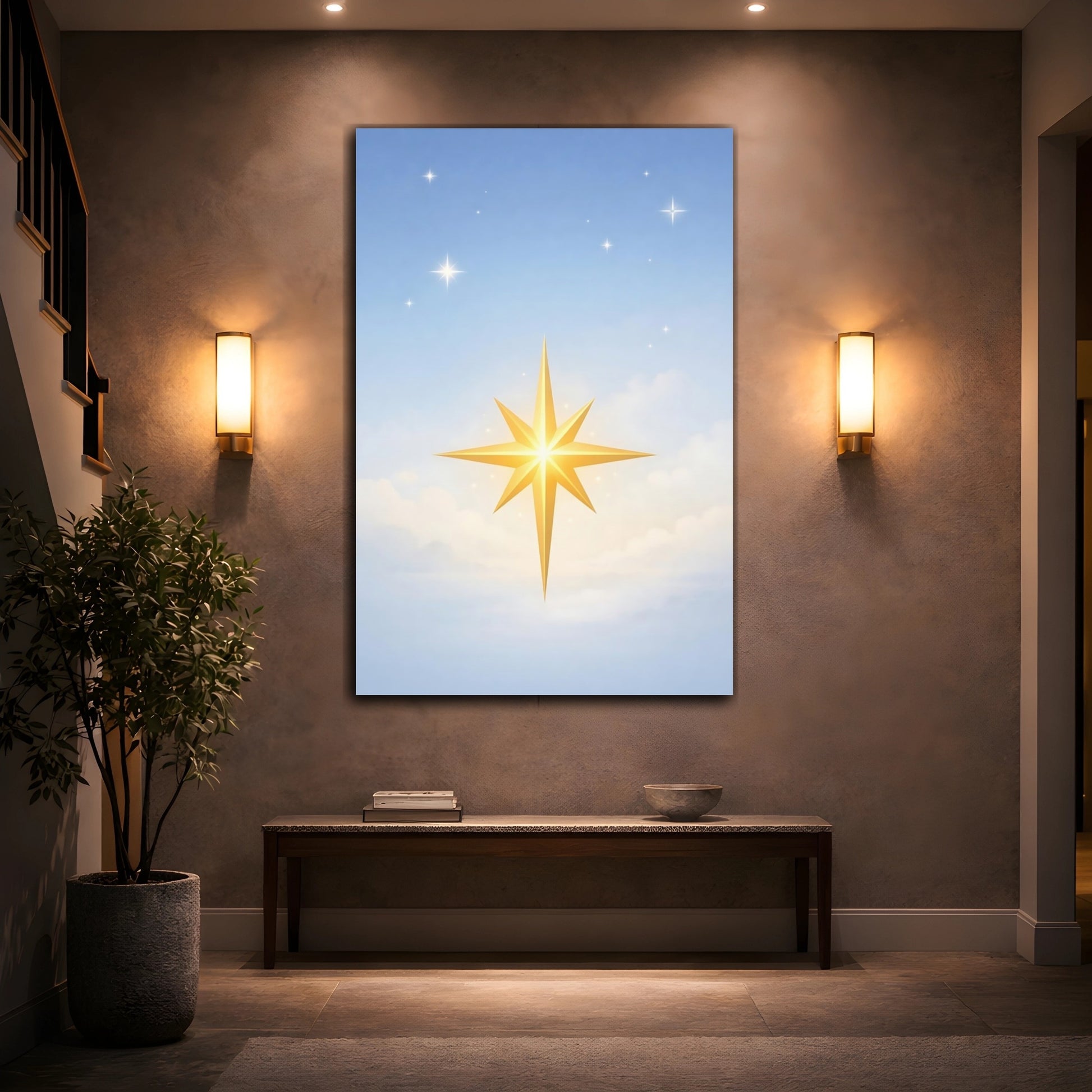 Mockup 3. Religious Golden Star Golden Star Blue Sky shown as stretched canvas wall art