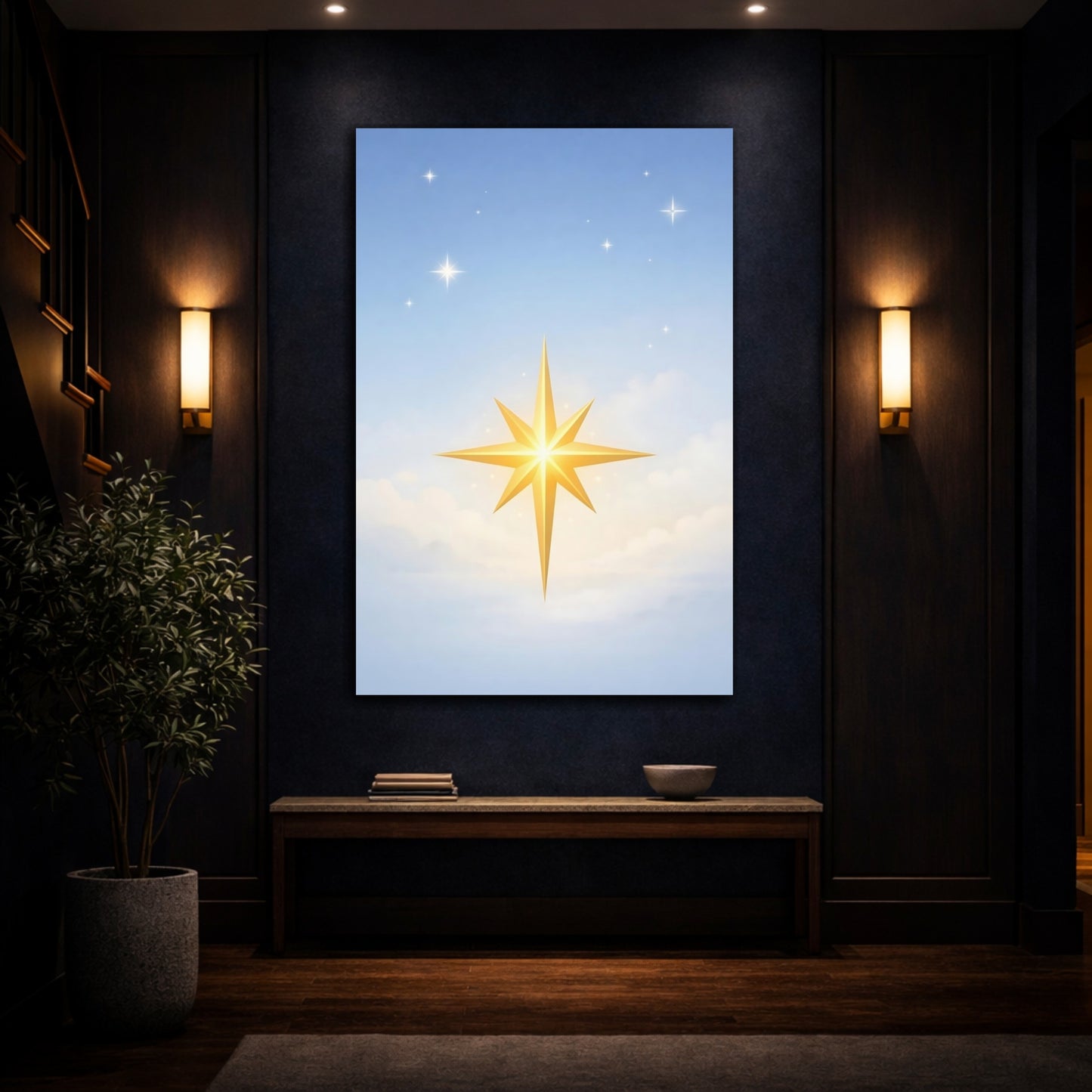 Mockup 4. Religious Golden Star Golden Star Blue Sky shown as stretched canvas wall art