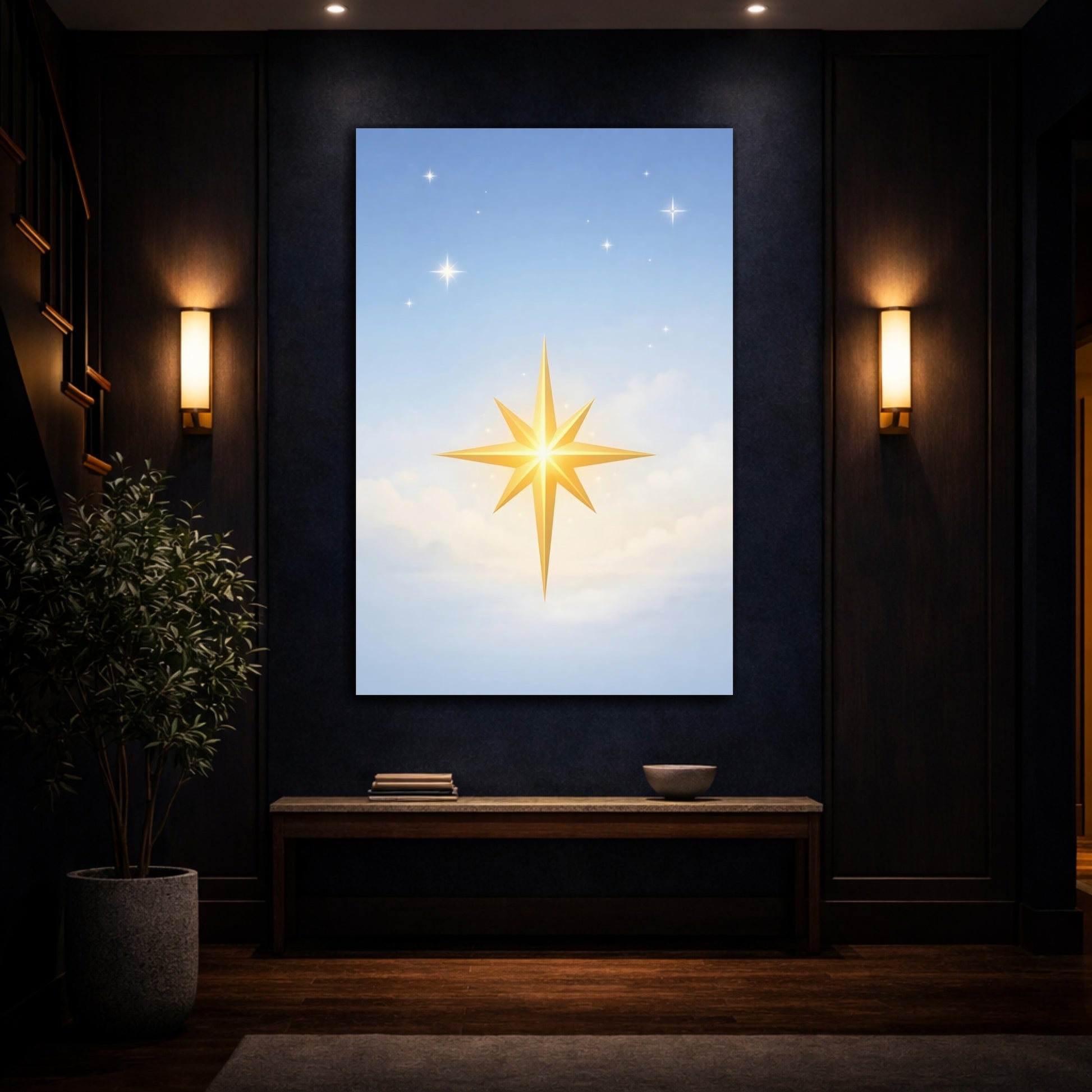 Mockup 4. Religious Golden Star Golden Star Blue Sky shown as stretched canvas wall art