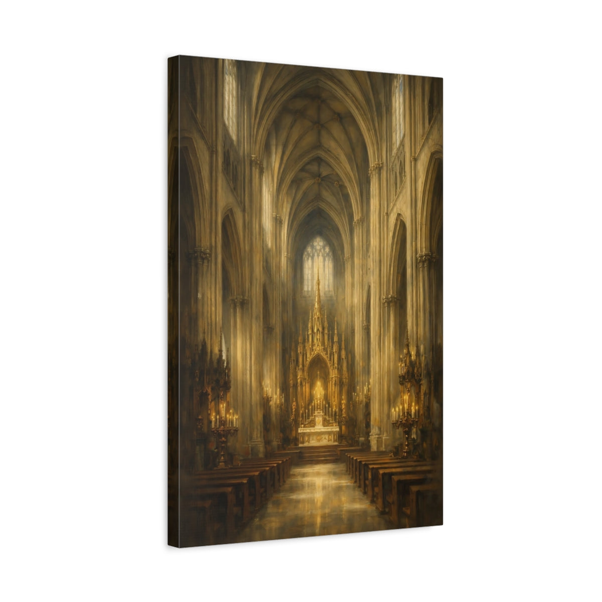 Side Mockup 3. Religious Gothic Cathedral Gold Cathedral shown as stretched canvas wall art
