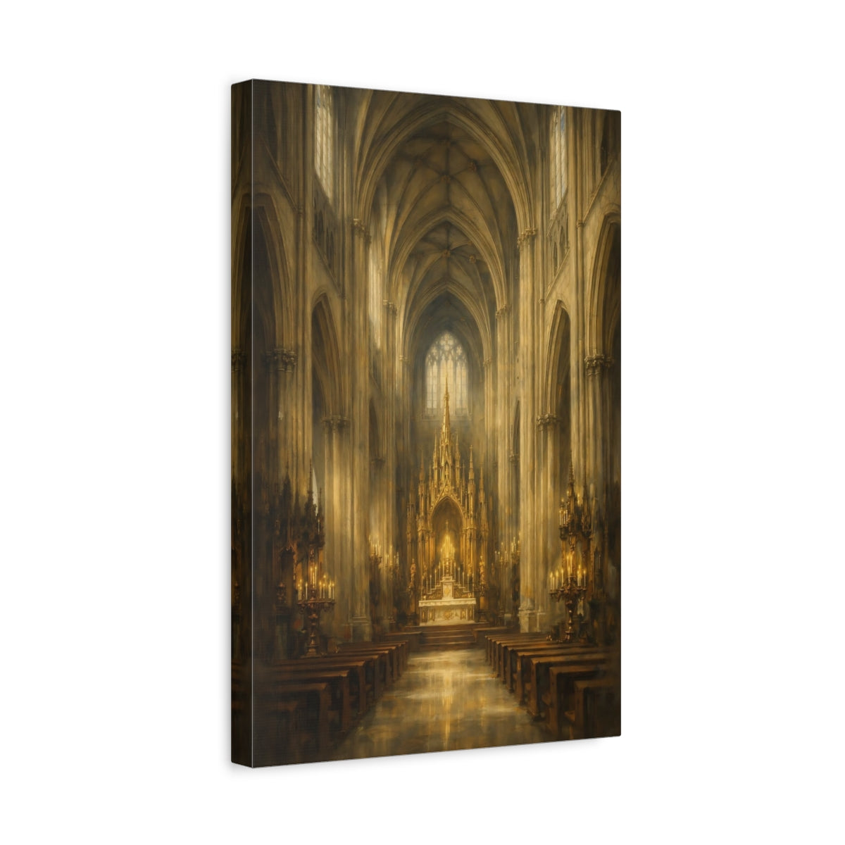 Side Mockup 4. Religious Gothic Cathedral Gold Cathedral shown as stretched canvas wall art