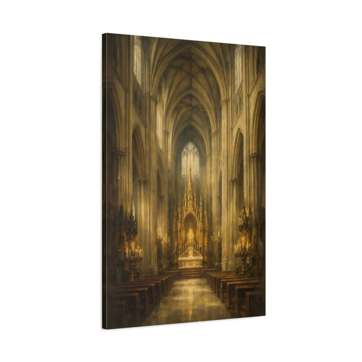 Side Mockup 1. Religious Gothic Cathedral Gold Cathedral shown as stretched canvas wall art