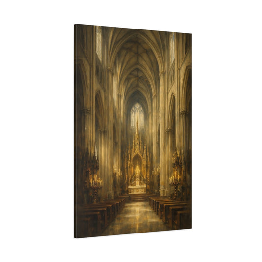 Main Mockup. Religious Gothic Cathedral Gold Cathedral shown as stretched canvas wall art