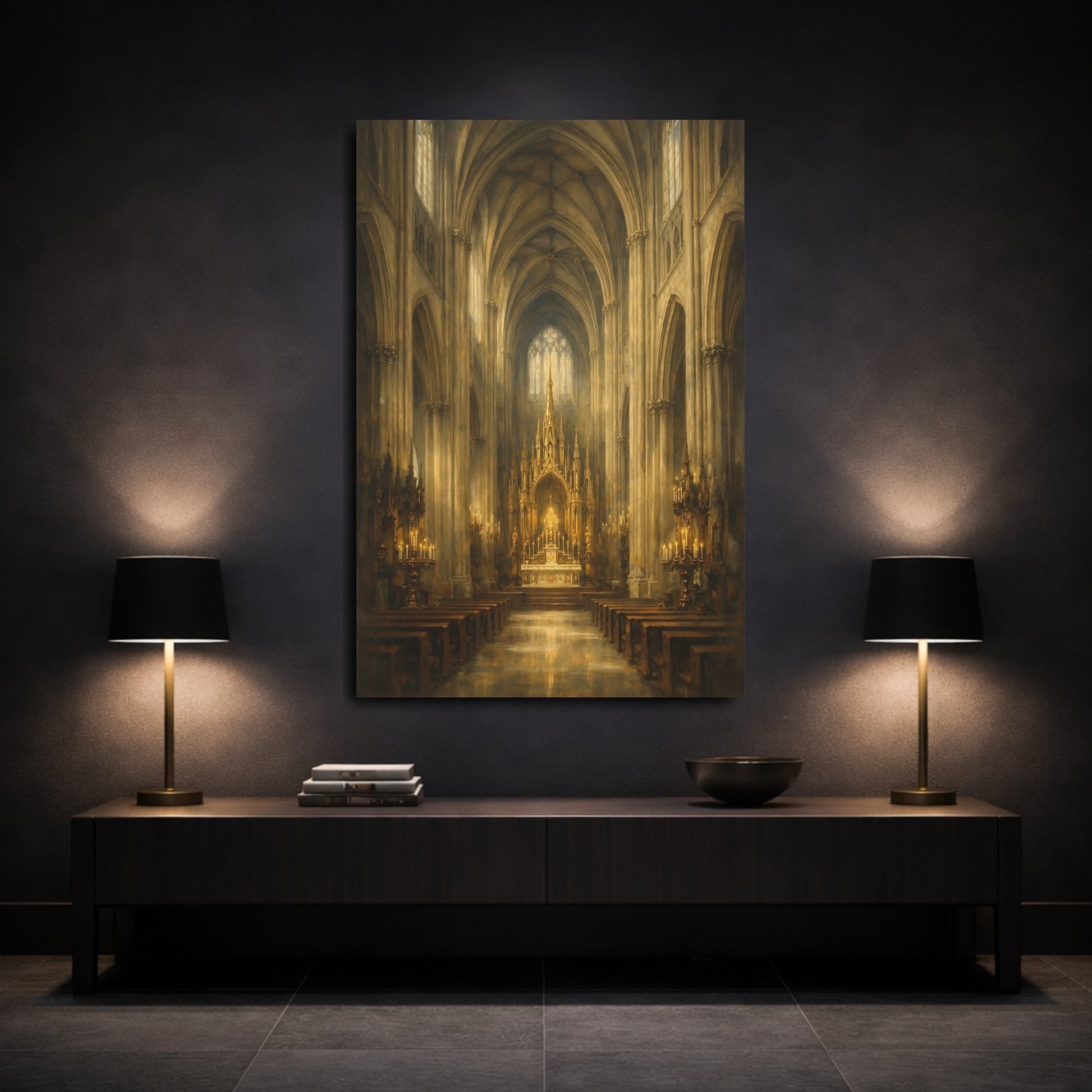 Mockup 2. Religious Gothic Cathedral Gold Cathedral shown as stretched canvas wall art