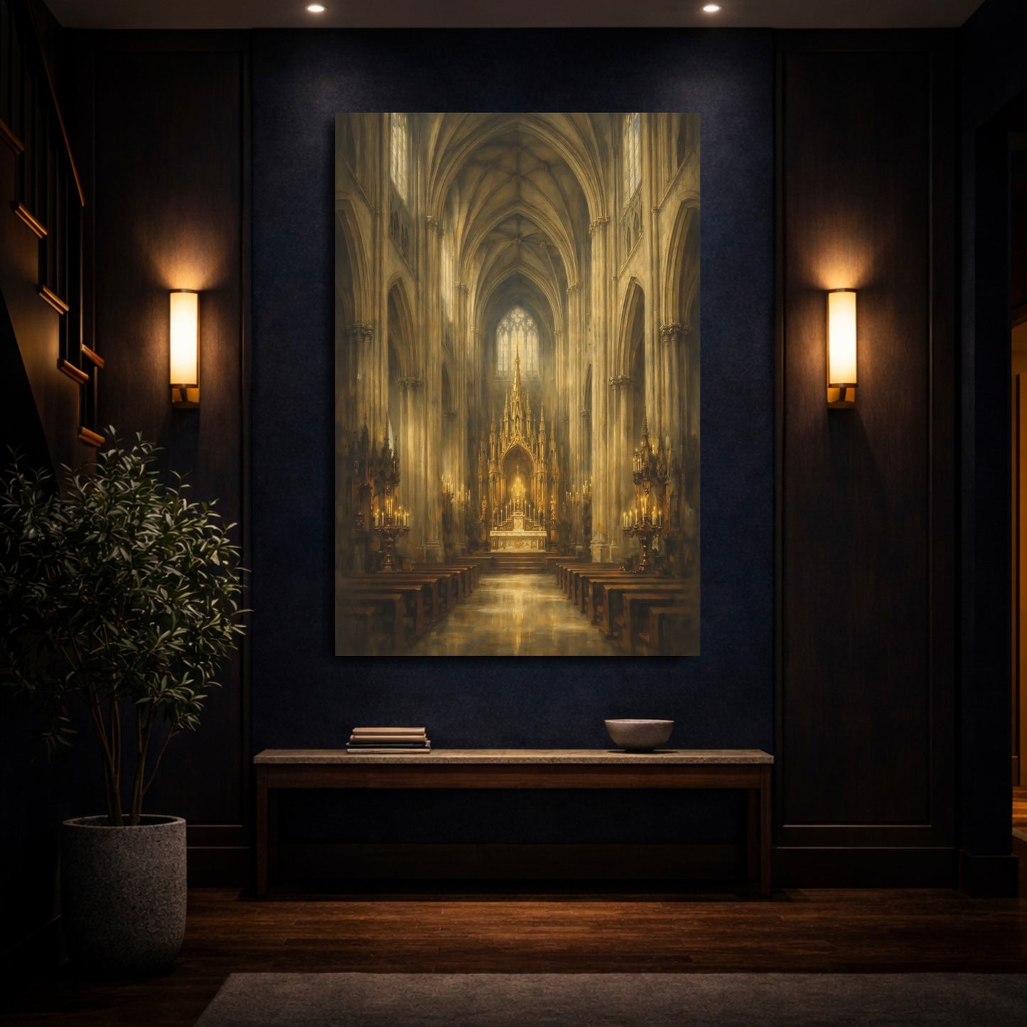 Mockup 3. Religious Gothic Cathedral Gold Cathedral shown as stretched canvas wall art