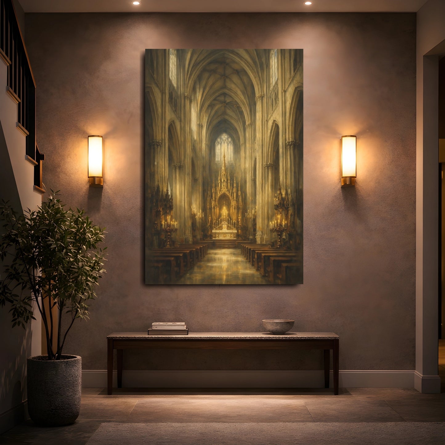 Mockup 4. Religious Gothic Cathedral Gold Cathedral shown as stretched canvas wall art