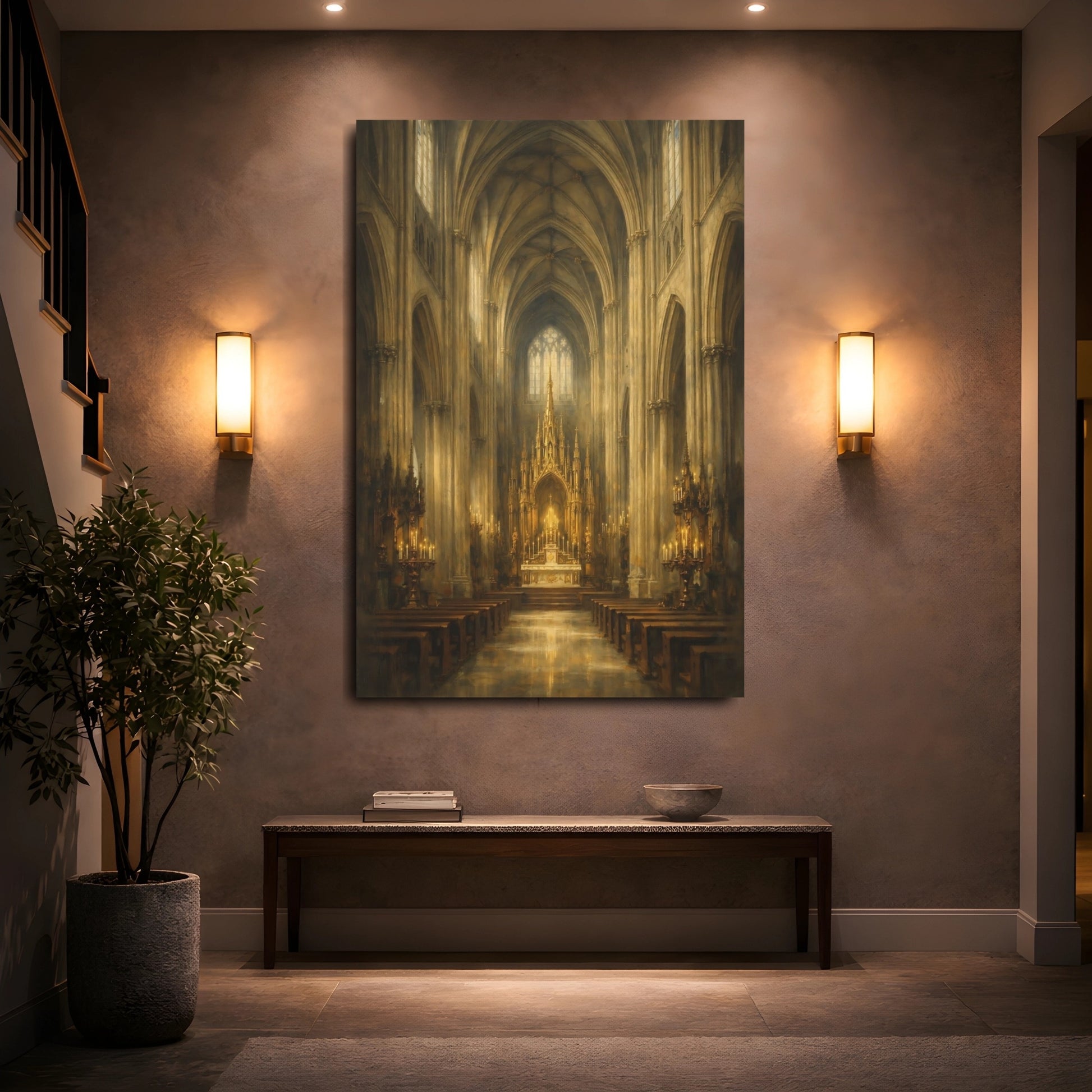 Mockup 4. Religious Gothic Cathedral Gold Cathedral shown as stretched canvas wall art