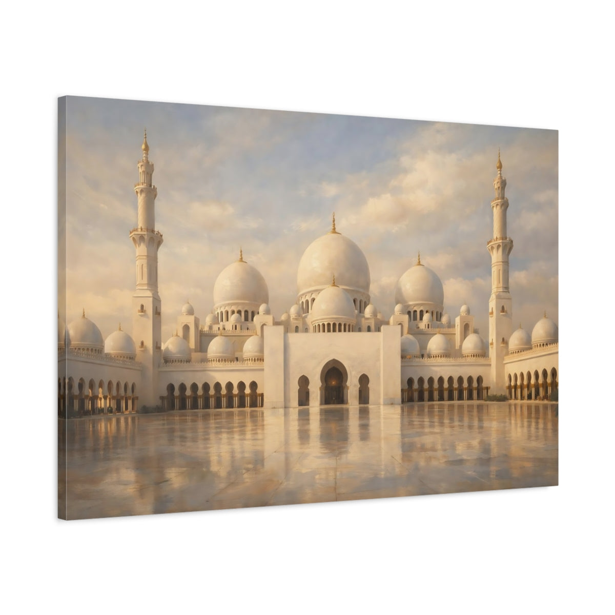 Side Mockup 1. Religious Grand Mosque Cream Mosque shown as stretched canvas wall art