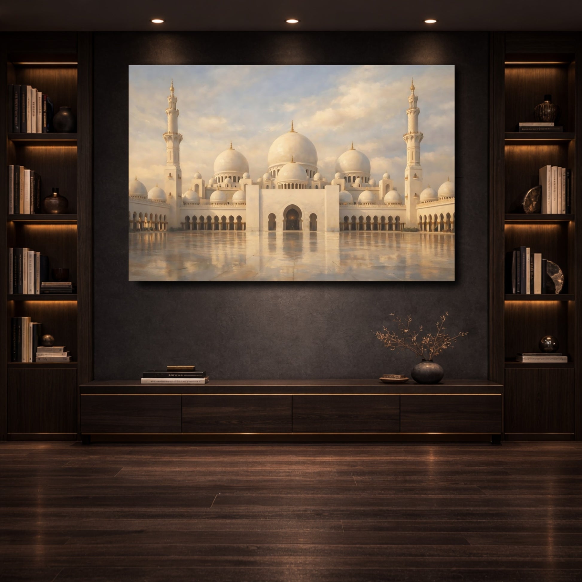 Mockup 3. Religious Grand Mosque Cream Mosque shown as stretched canvas wall art