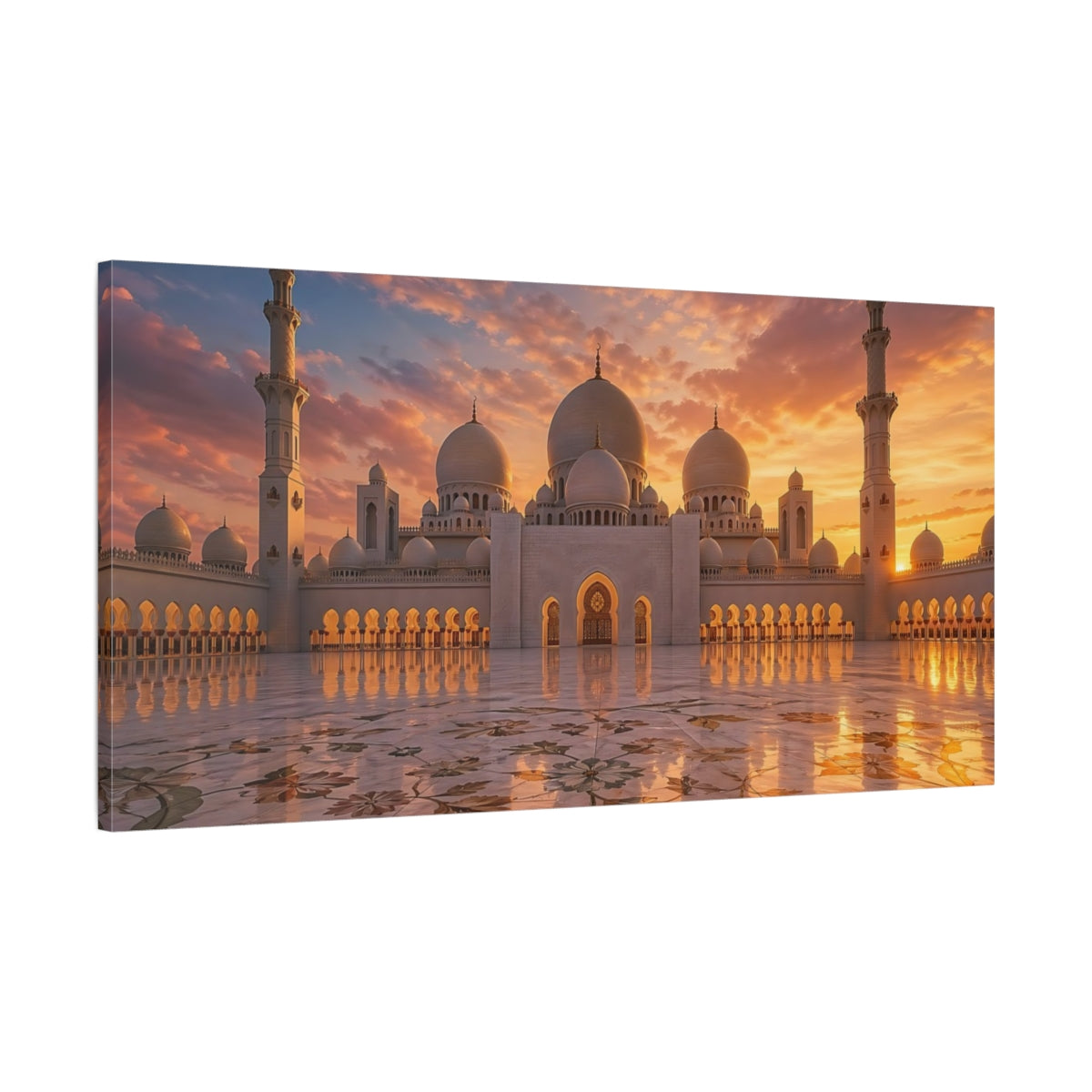 Main Mockup. Religious Grand Mosque Orange And White shown as stretched canvas wall art