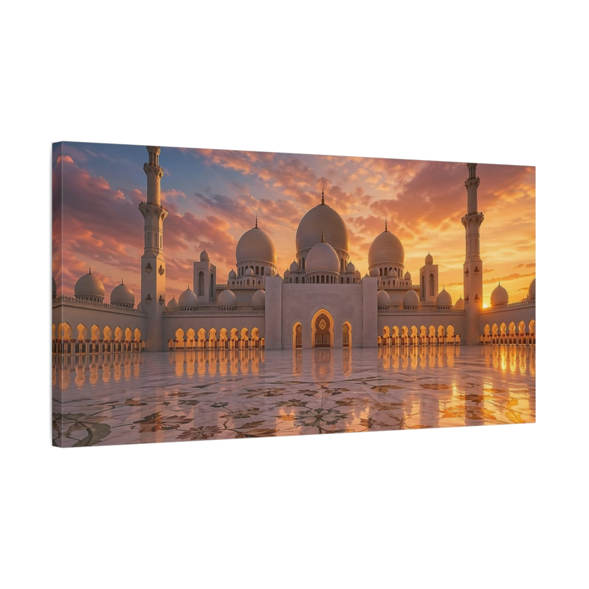 Side Mockup 1. Religious Grand Mosque Orange And White shown as stretched canvas wall art