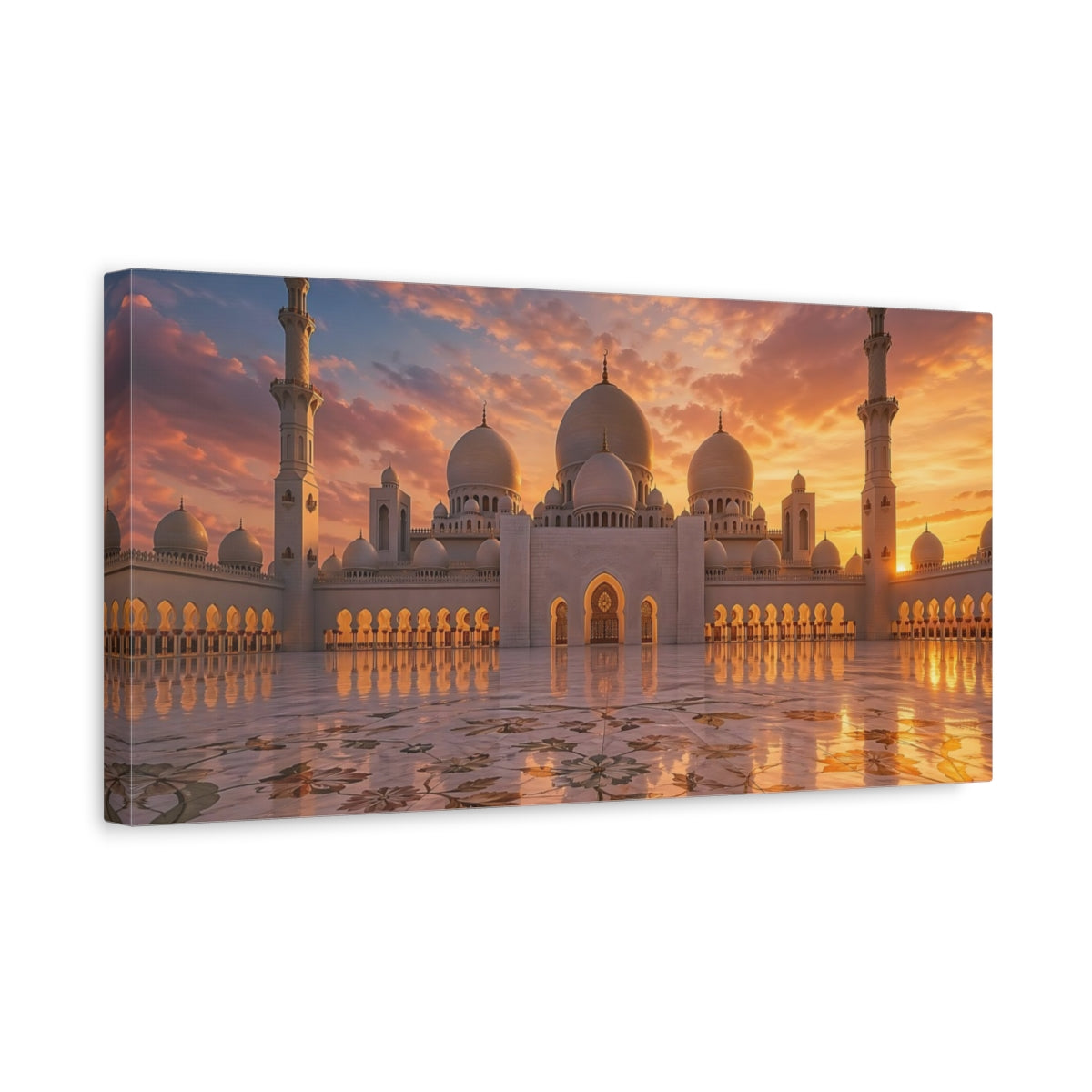 Side Mockup 3. Religious Grand Mosque Orange And White shown as stretched canvas wall art
