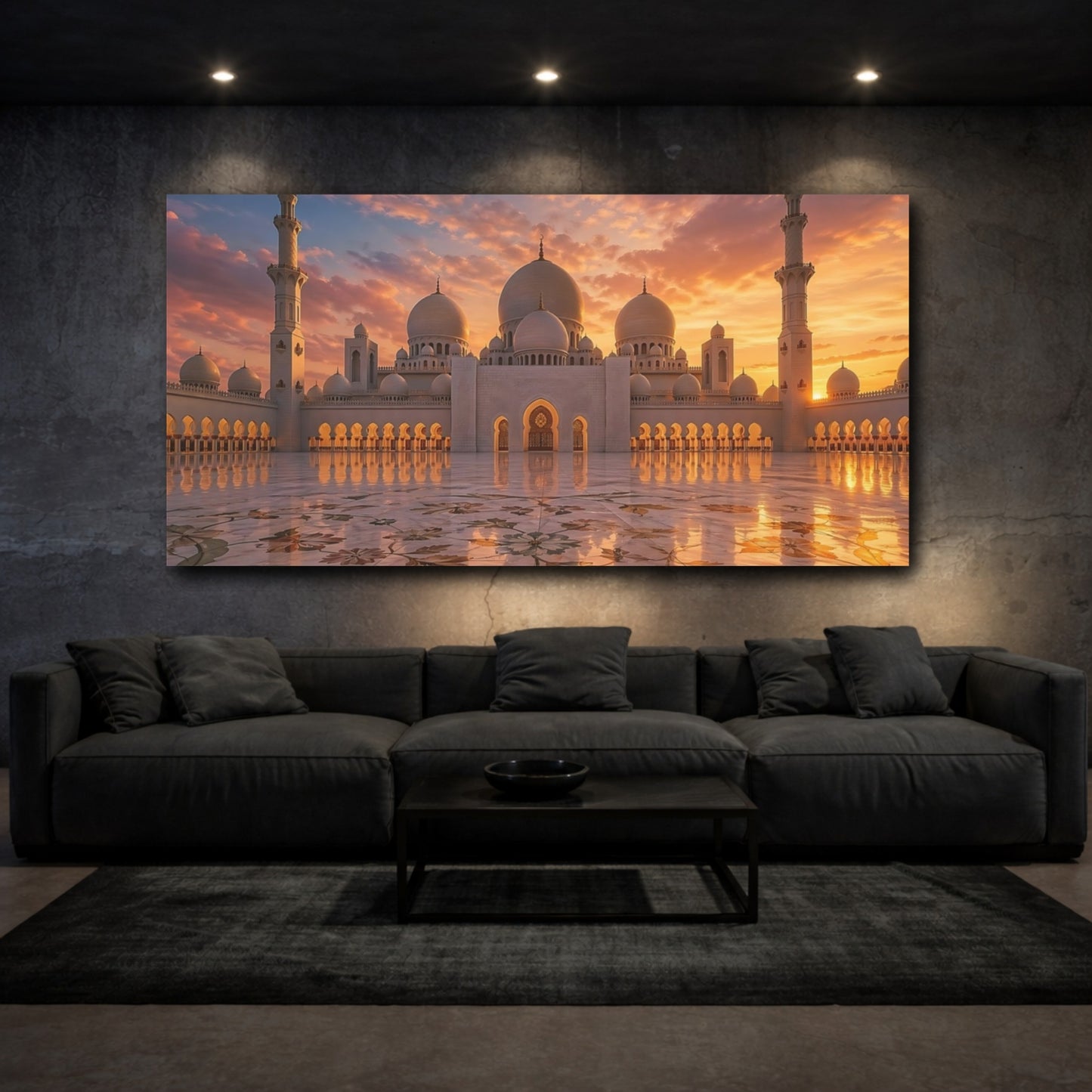 Mockup 2. Religious Grand Mosque Orange And White shown as stretched canvas wall art