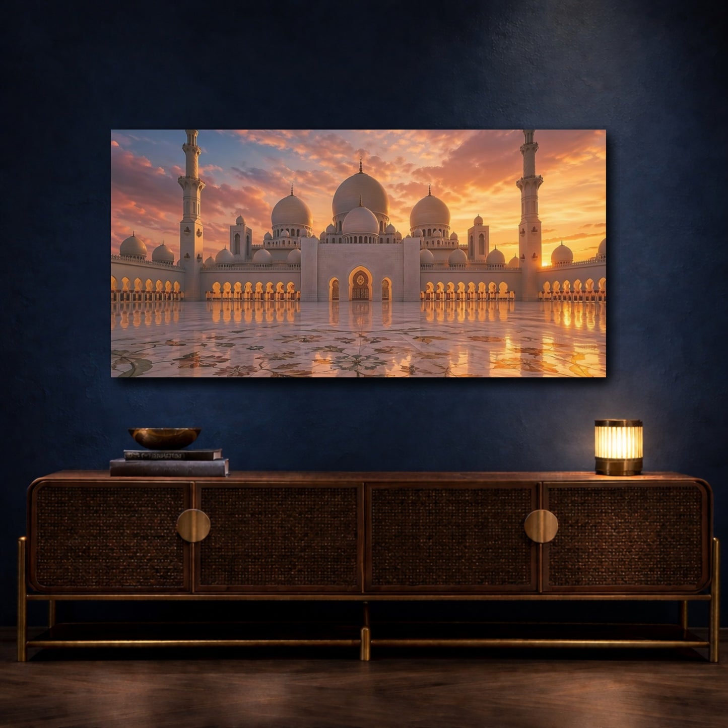 Mockup 3. Religious Grand Mosque Orange And White shown as stretched canvas wall art