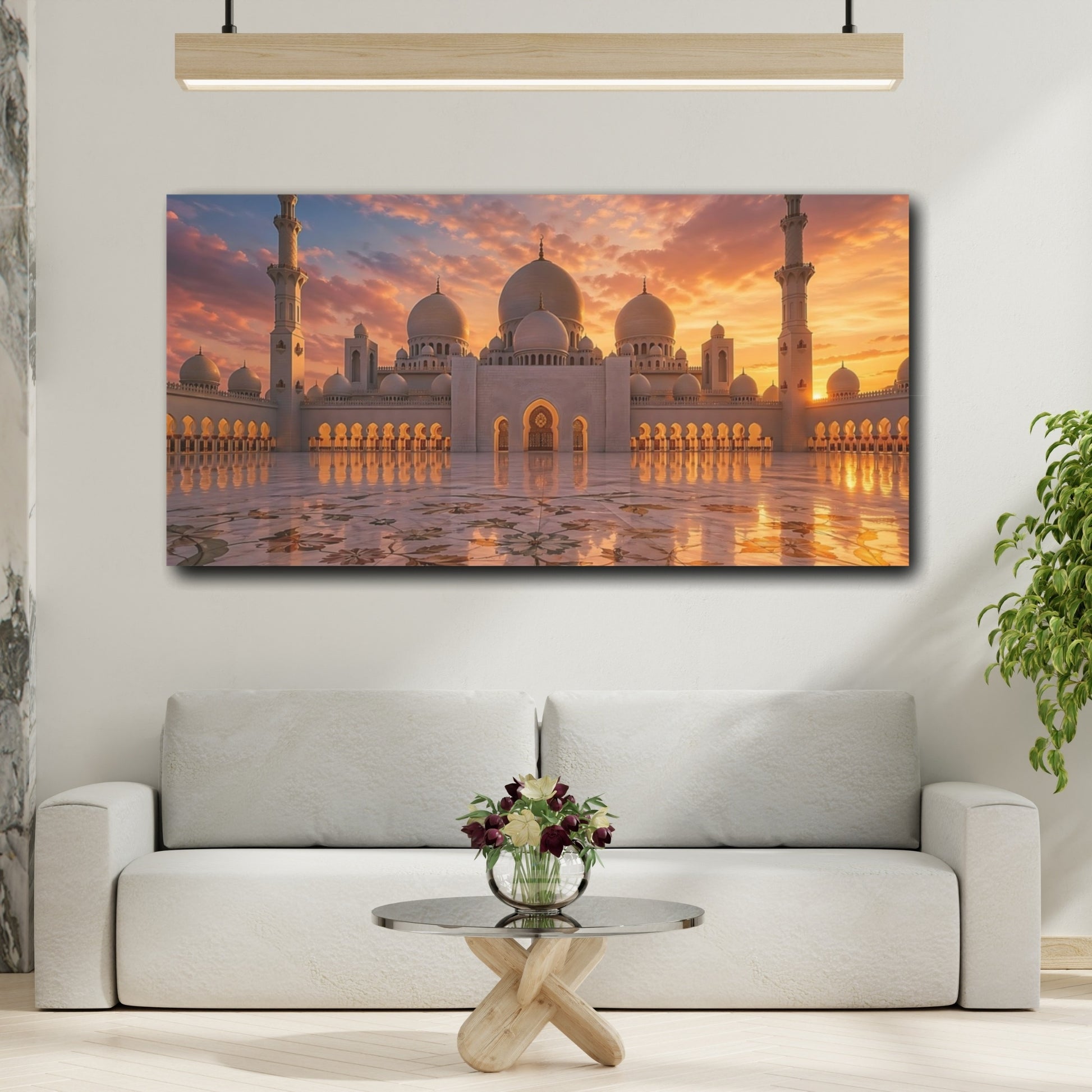 Mockup 4. Religious Grand Mosque Orange And White shown as stretched canvas wall art