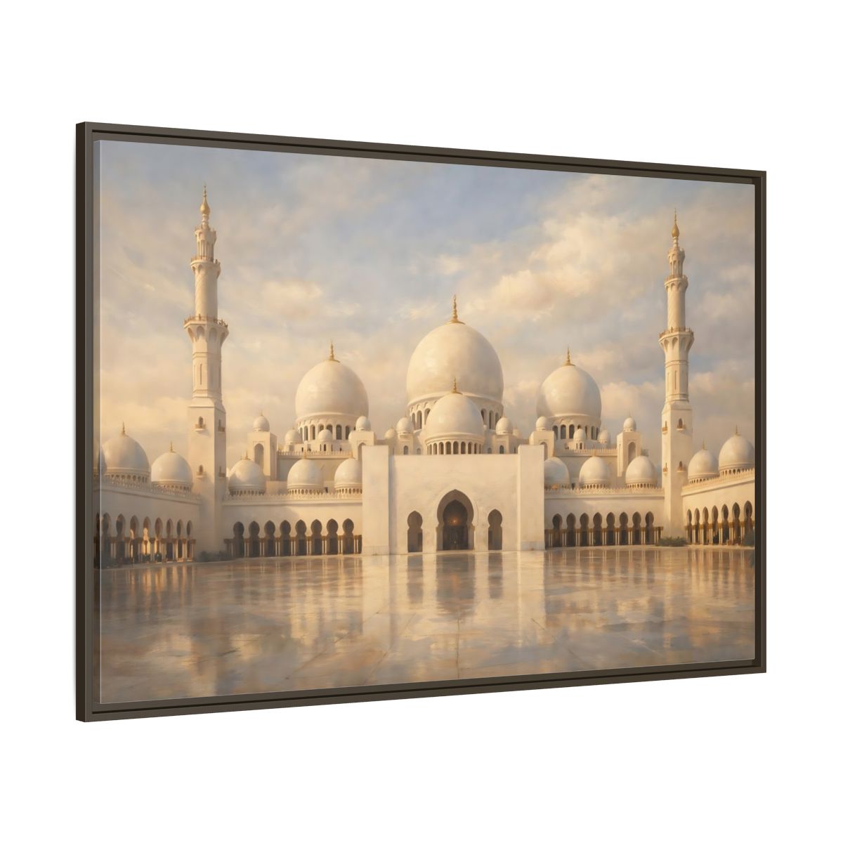 Main Mockup. Religious Grand Mosque White And Gold shown as stretched canvas wall art