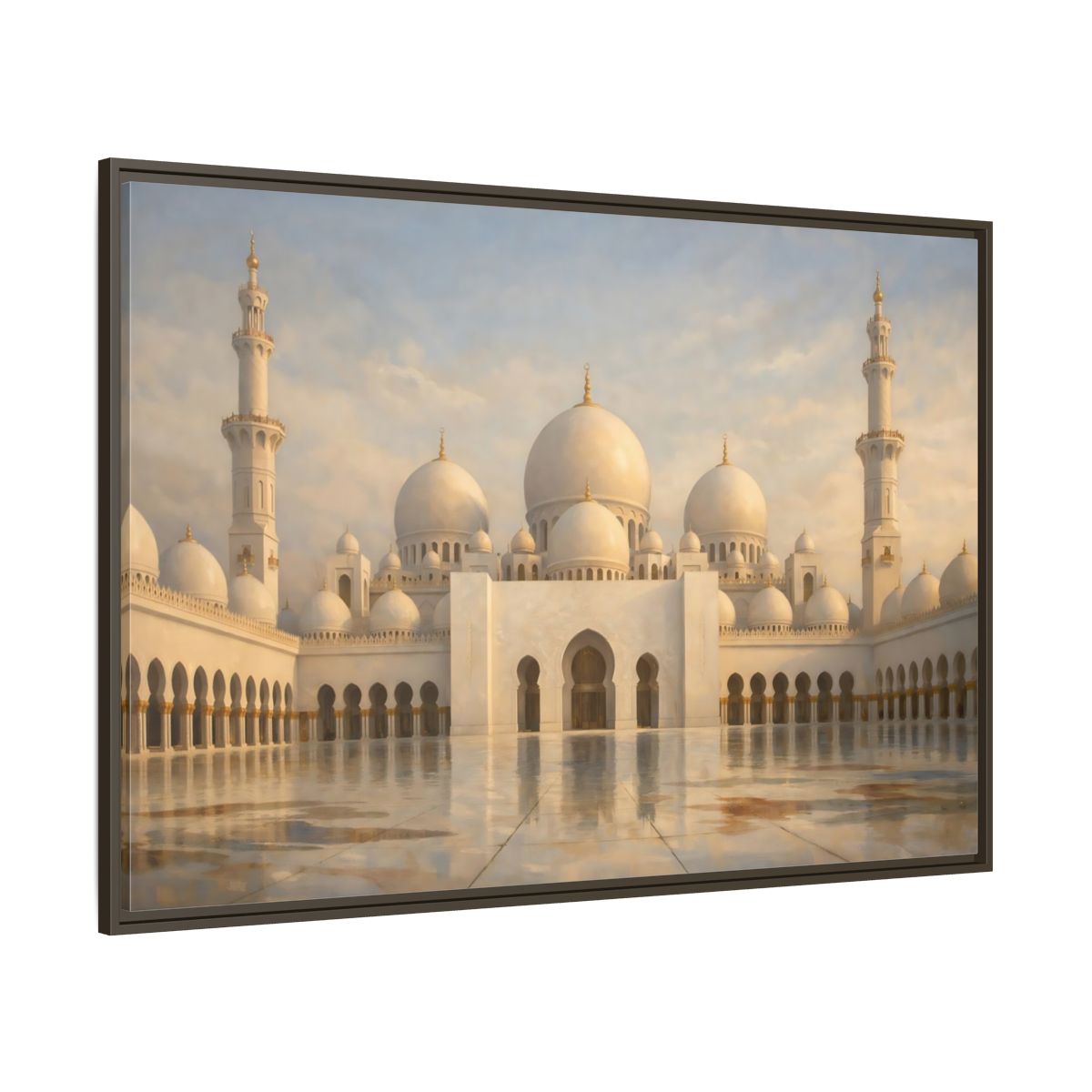 Main Mockup. Religious Grand Mosque White And Gold shown as stretched canvas wall art