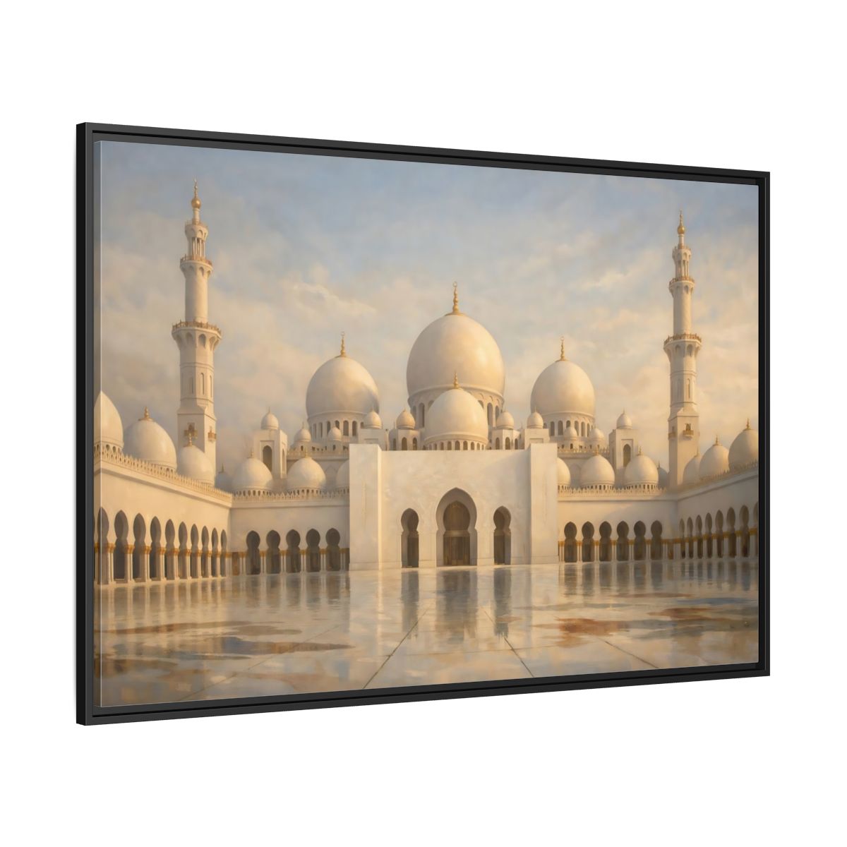 Side Mockup 12. Religious Grand Mosque White And Gold shown as stretched canvas wall art