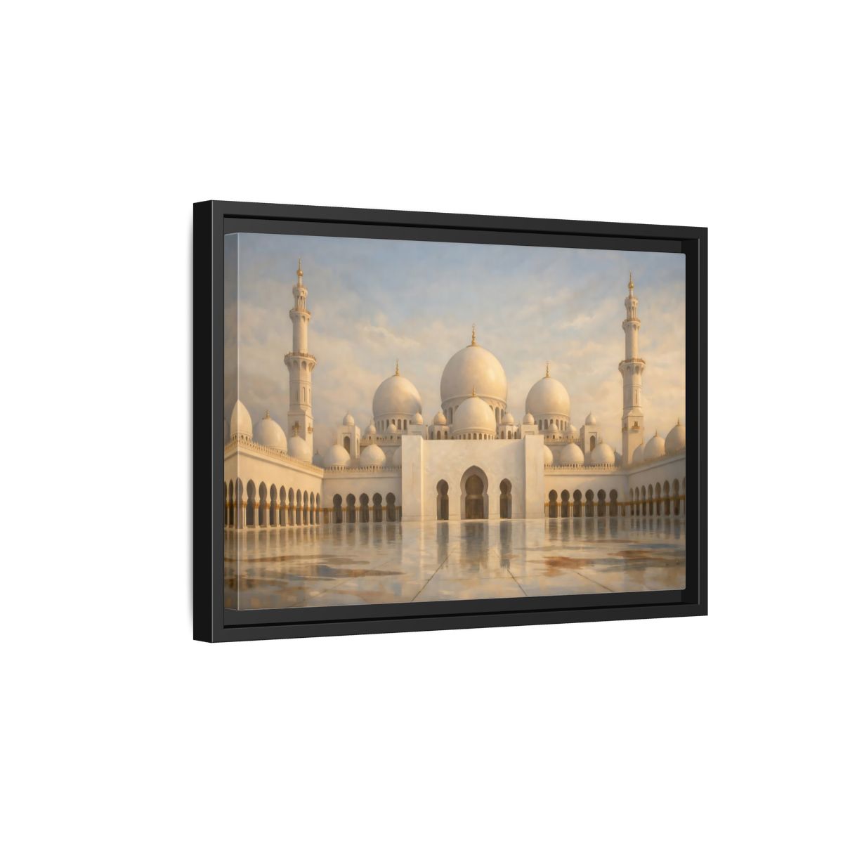 Side Mockup 6. Religious Grand Mosque White And Gold shown as stretched canvas wall art