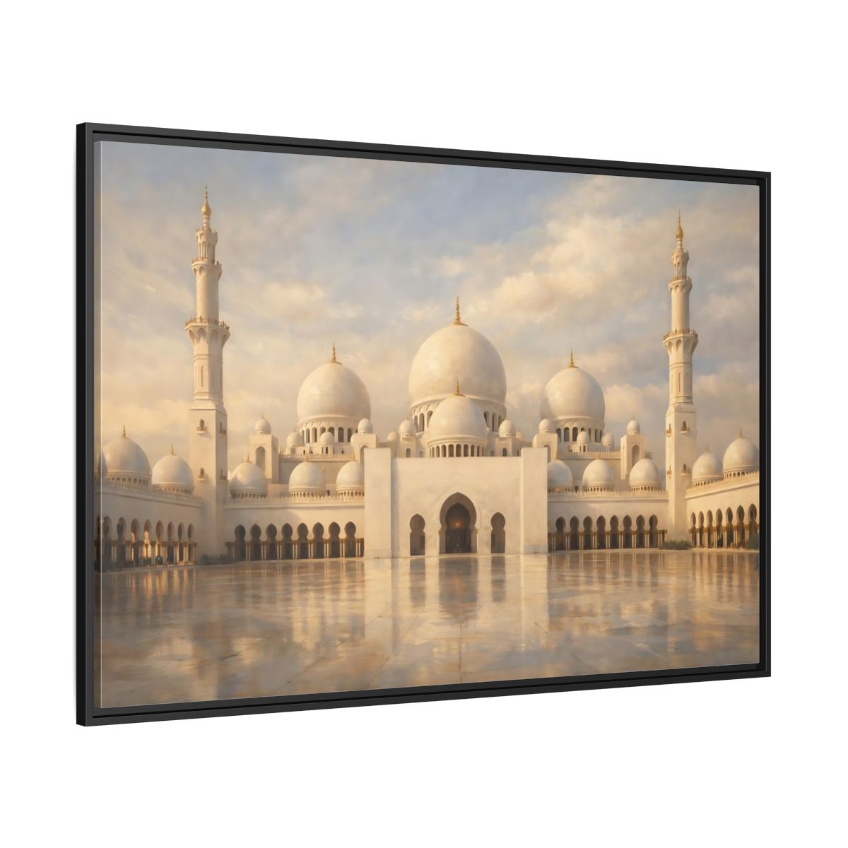 Side Mockup 12. Religious Grand Mosque White And Gold shown as stretched canvas wall art