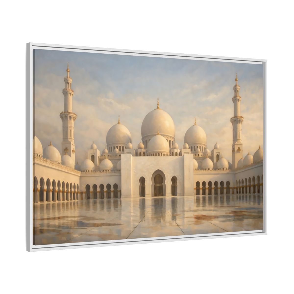 Side Mockup 7. Religious Grand Mosque White And Gold shown as stretched canvas wall art