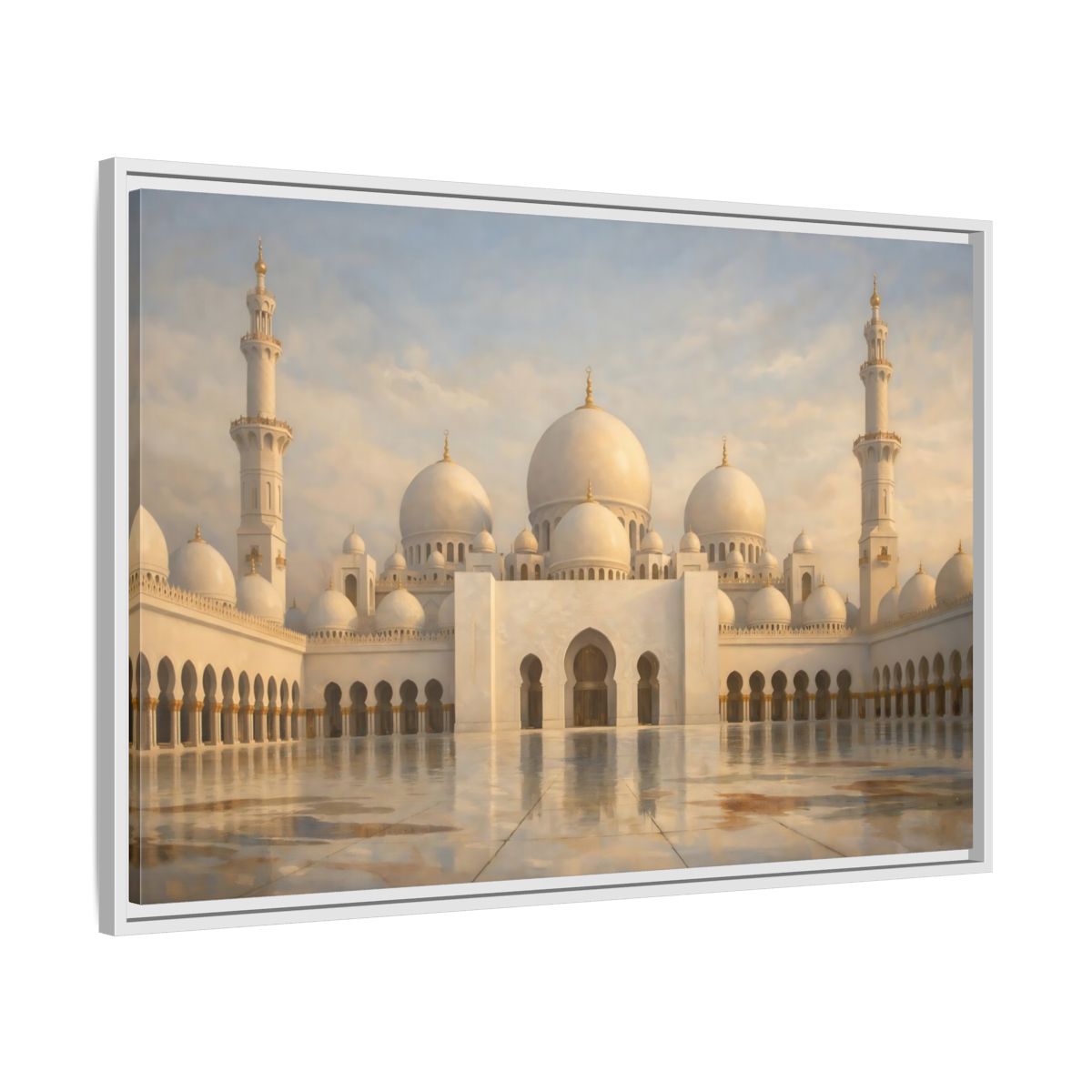 Side Mockup 8. Religious Grand Mosque White And Gold shown as stretched canvas wall art
