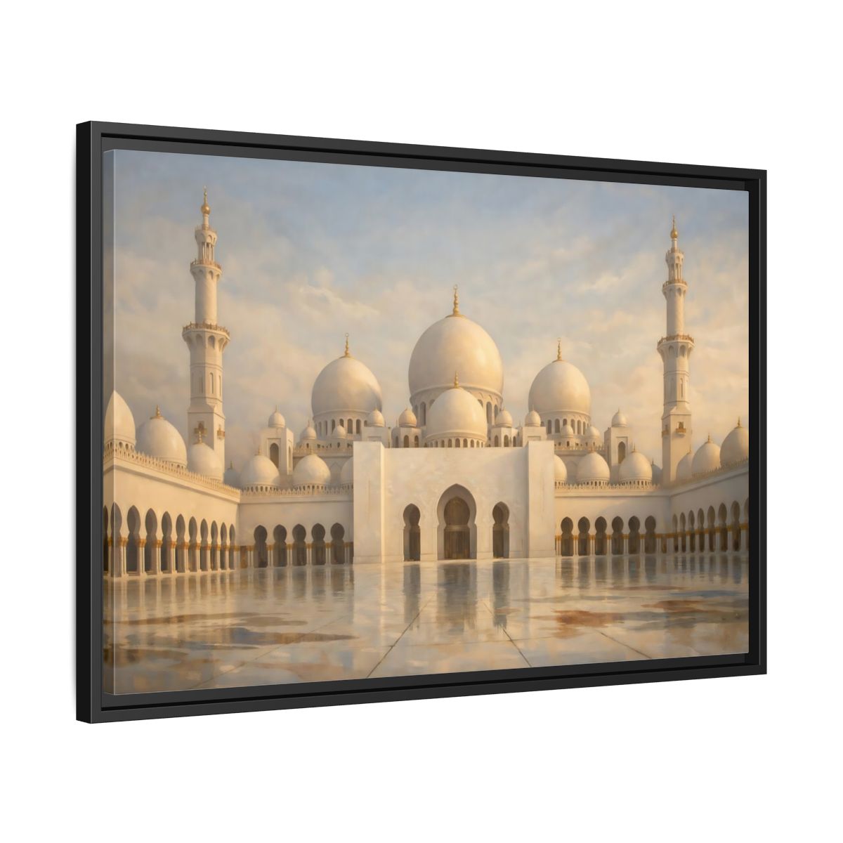 Side Mockup 14. Religious Grand Mosque White And Gold shown as stretched canvas wall art