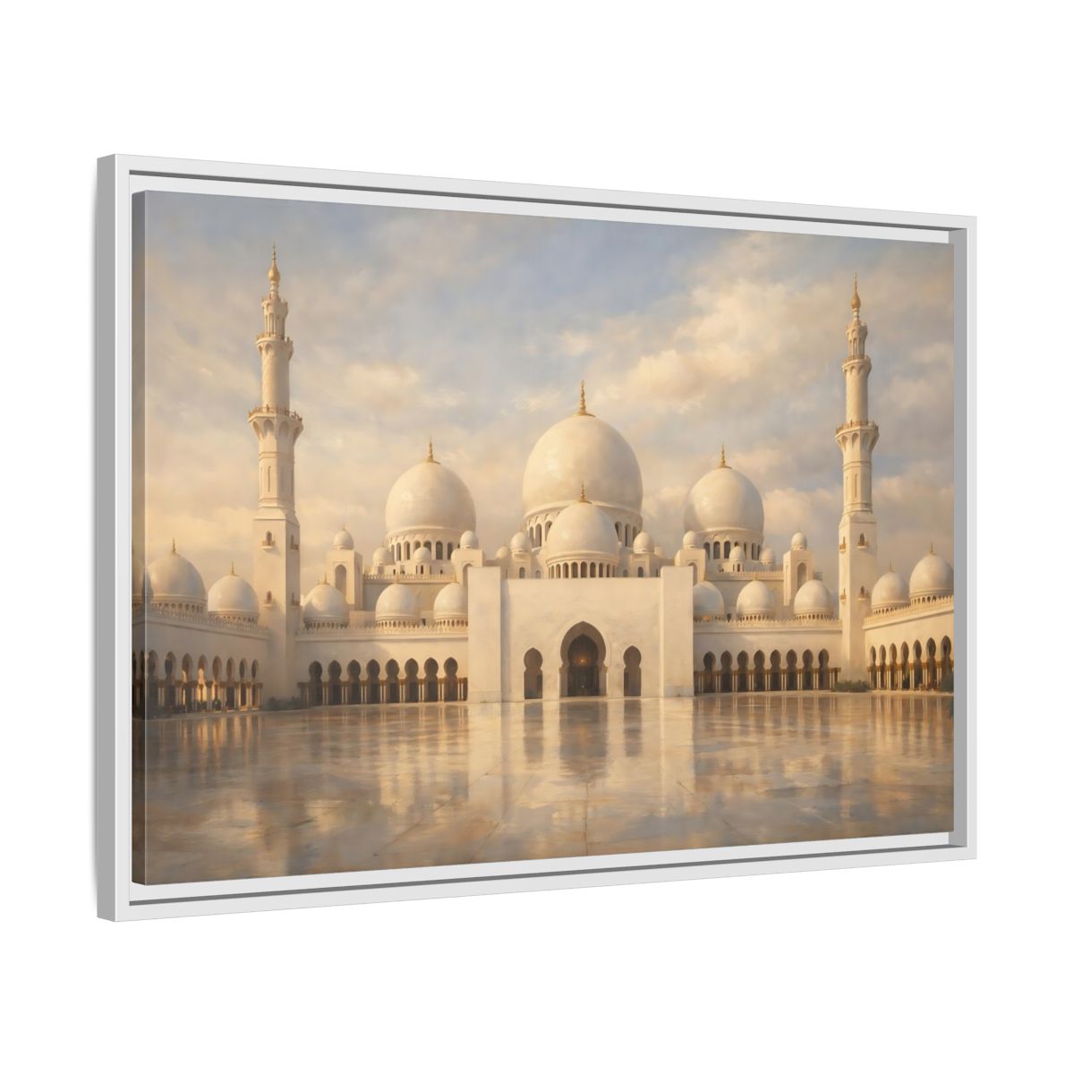 Side Mockup 10. Religious Grand Mosque White And Gold shown as stretched canvas wall art