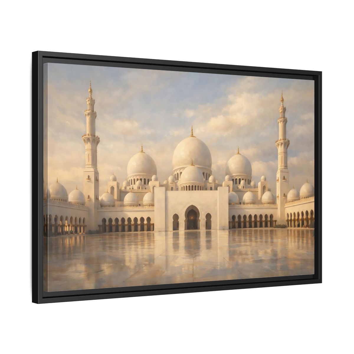 Side Mockup 14. Religious Grand Mosque White And Gold shown as stretched canvas wall art