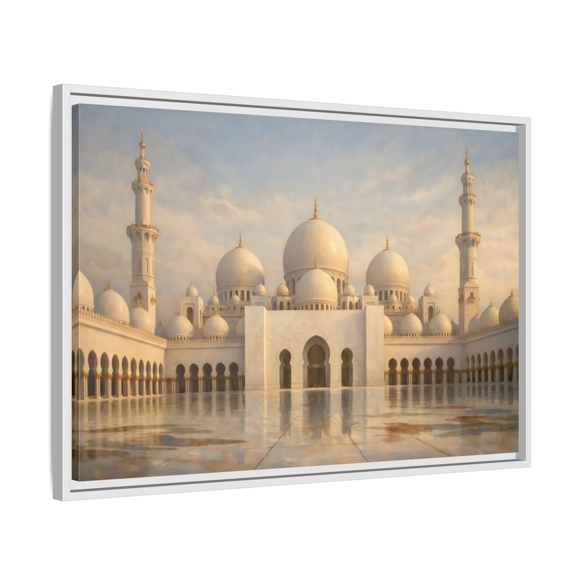 Side Mockup 10. Religious Grand Mosque White And Gold shown as stretched canvas wall art