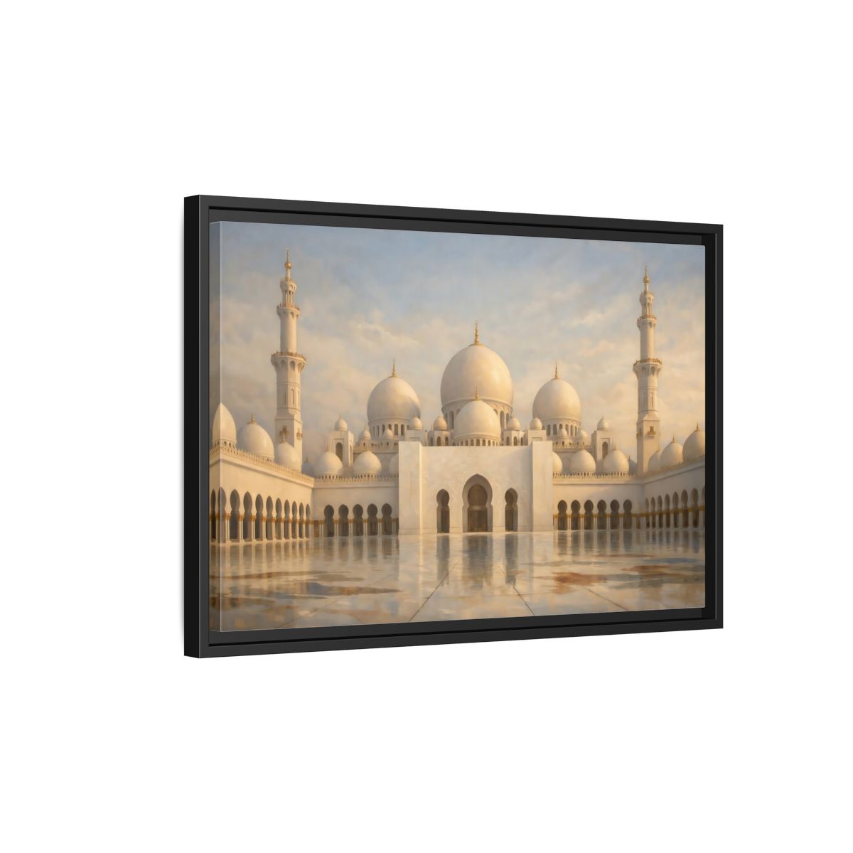 Side Mockup 3. Religious Grand Mosque White And Gold shown as stretched canvas wall art