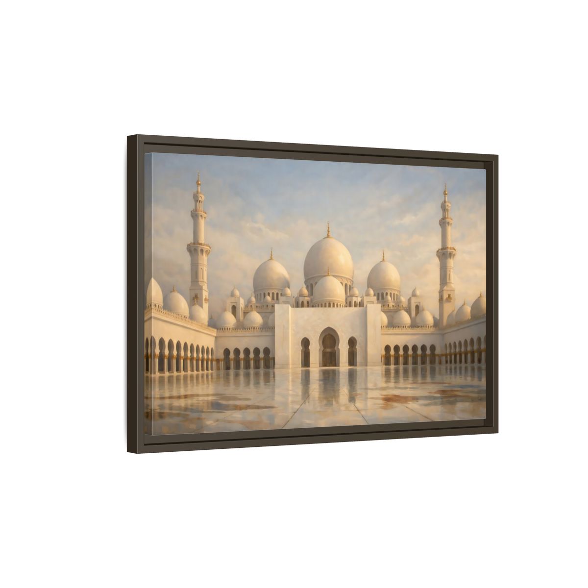 Side Mockup 2. Religious Grand Mosque White And Gold shown as stretched canvas wall art