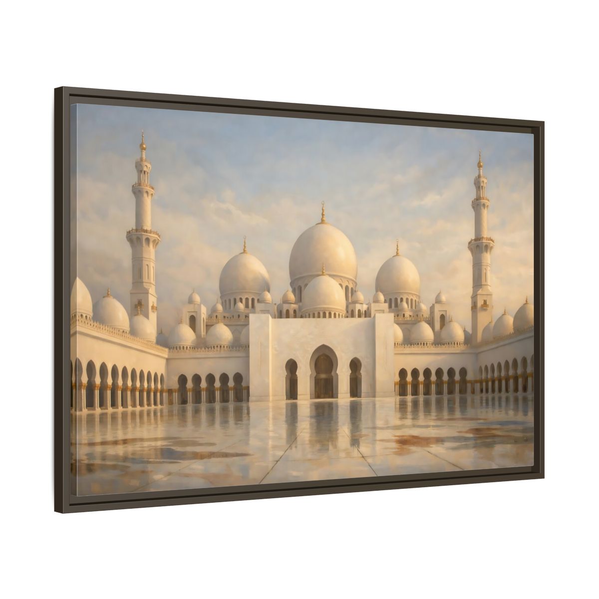 Side Mockup 9. Religious Grand Mosque White And Gold shown as stretched canvas wall art