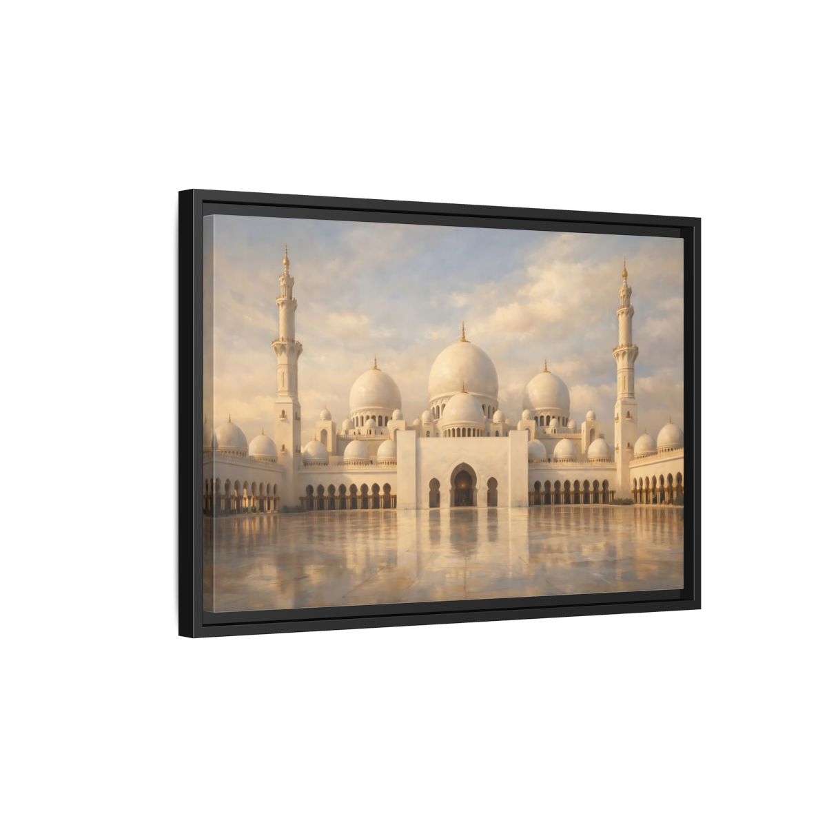Side Mockup 3. Religious Grand Mosque White And Gold shown as stretched canvas wall art