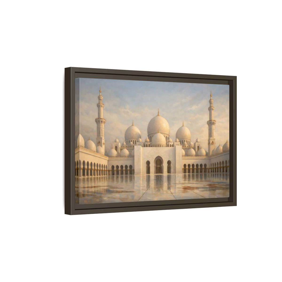 Side Mockup 5. Religious Grand Mosque White And Gold shown as stretched canvas wall art
