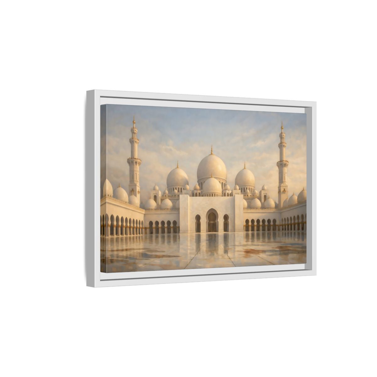 Side Mockup 4. Religious Grand Mosque White And Gold shown as stretched canvas wall art