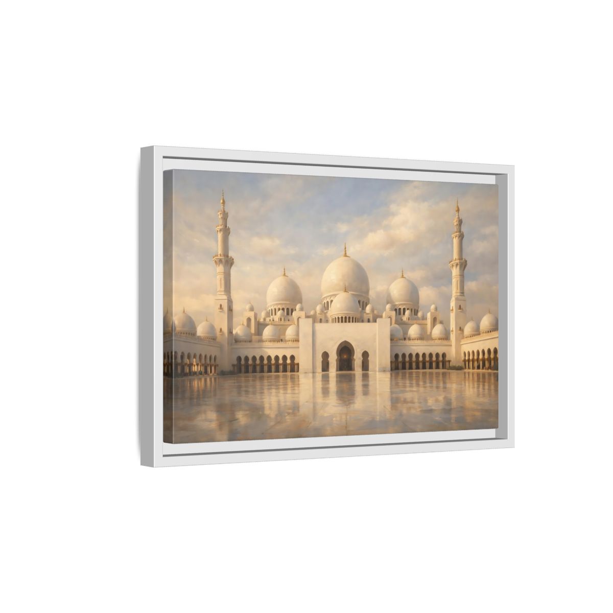 Side Mockup 4. Religious Grand Mosque White And Gold shown as stretched canvas wall art