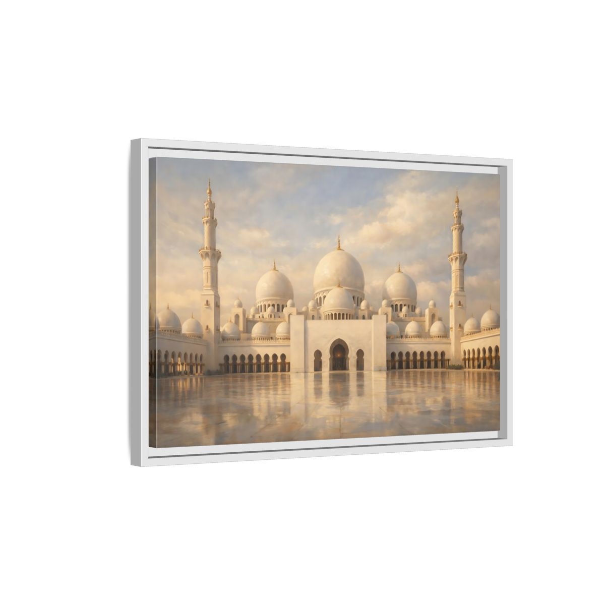 Side Mockup 1. Religious Grand Mosque White And Gold shown as stretched canvas wall art