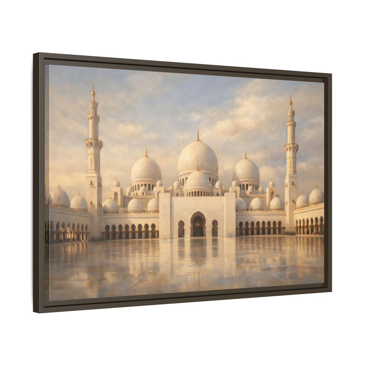 Side Mockup 11. Religious Grand Mosque White And Gold shown as stretched canvas wall art