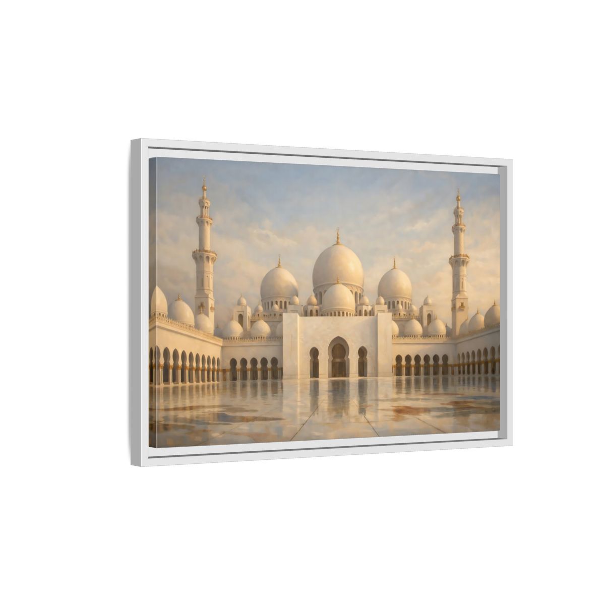 Side Mockup 1. Religious Grand Mosque White And Gold shown as stretched canvas wall art