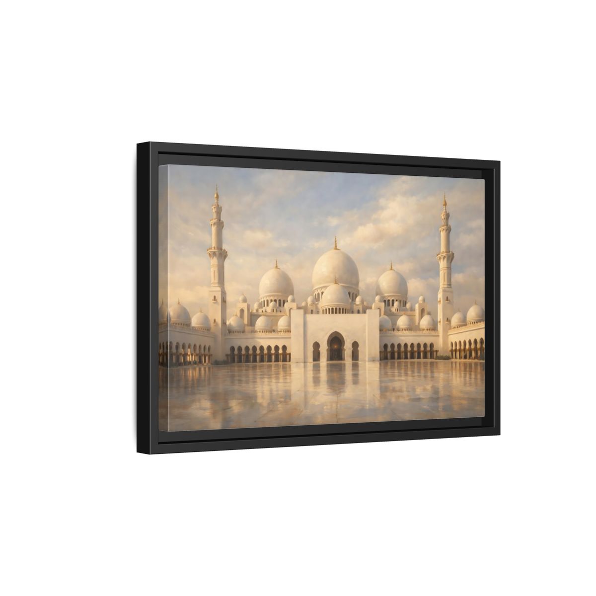 Side Mockup 6. Religious Grand Mosque White And Gold shown as stretched canvas wall art